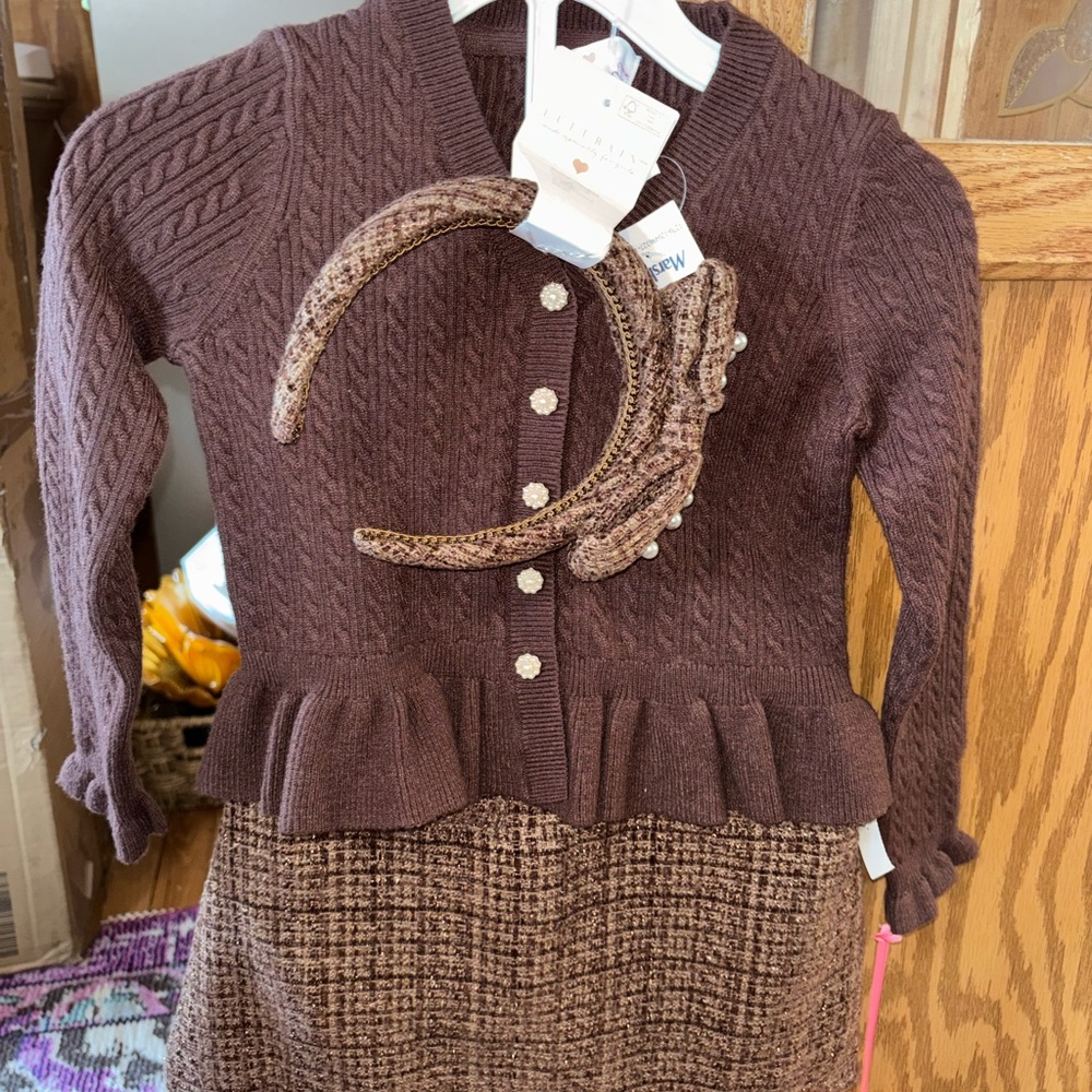 LULURAIN Cable Knit Cardigan Skirt Set w/ Headband XS (4) New